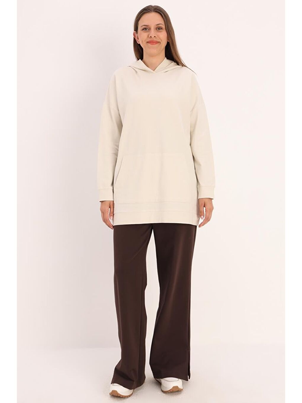 Bej Taş Kapüşonlu Kanguru Cepli Sweatshirt-1