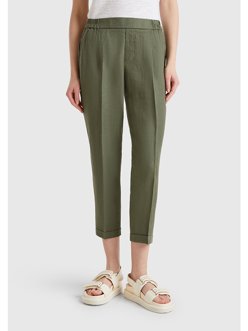 Kadın Haki %100 Keten Beli Lastikli Pantolon