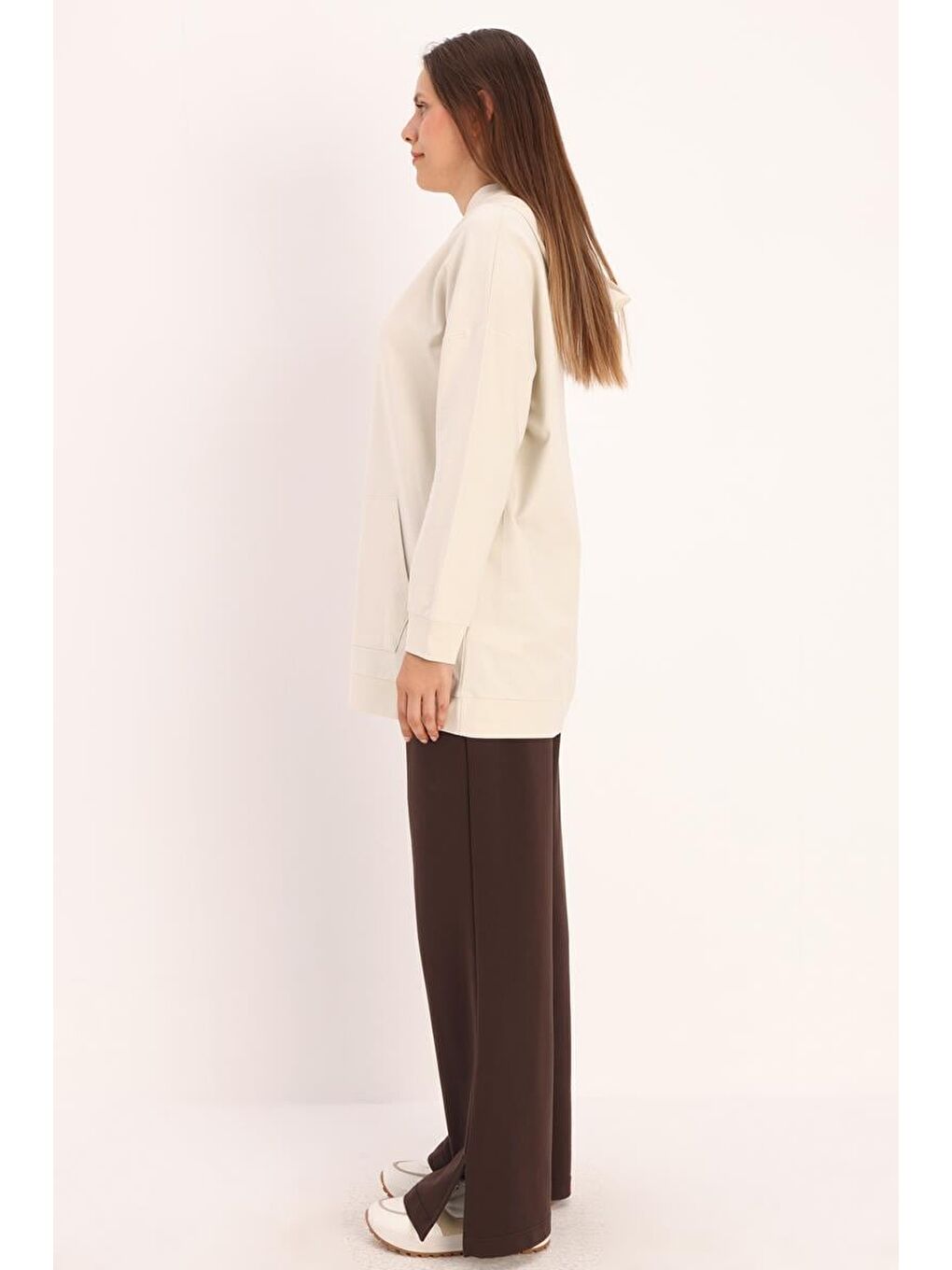 Bej Taş Kapüşonlu Kanguru Cepli Sweatshirt-2