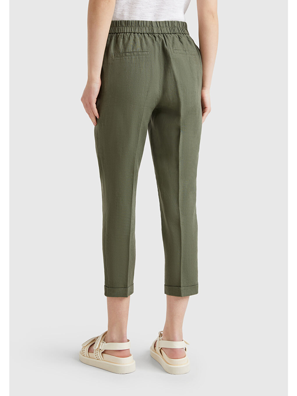 Kadın Haki %100 Keten Beli Lastikli Pantolon-1