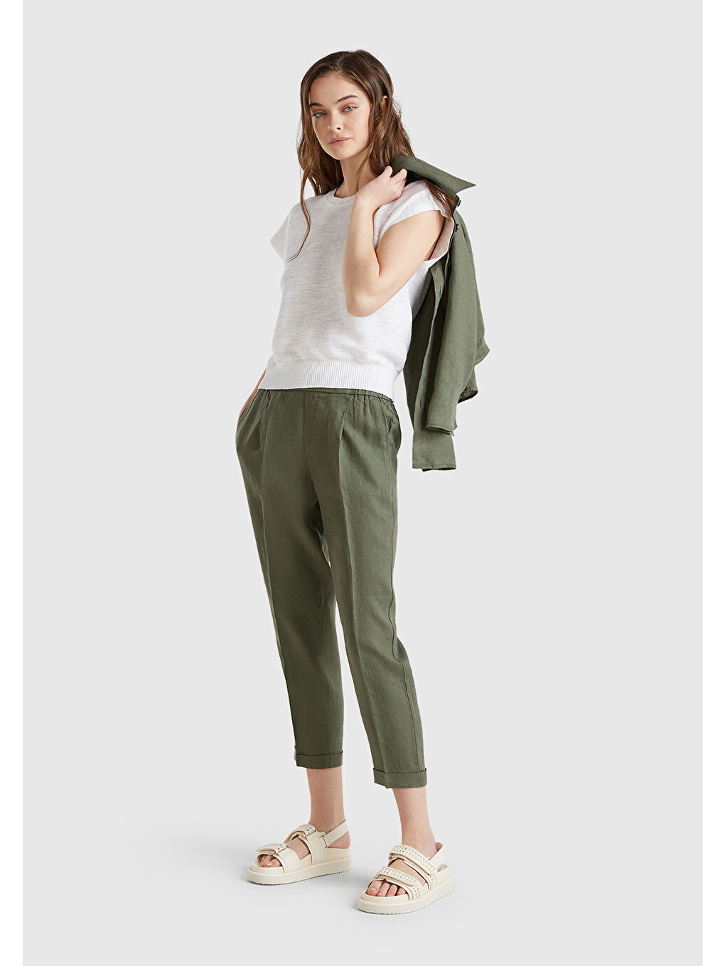 Kadın Haki %100 Keten Beli Lastikli Pantolon-2