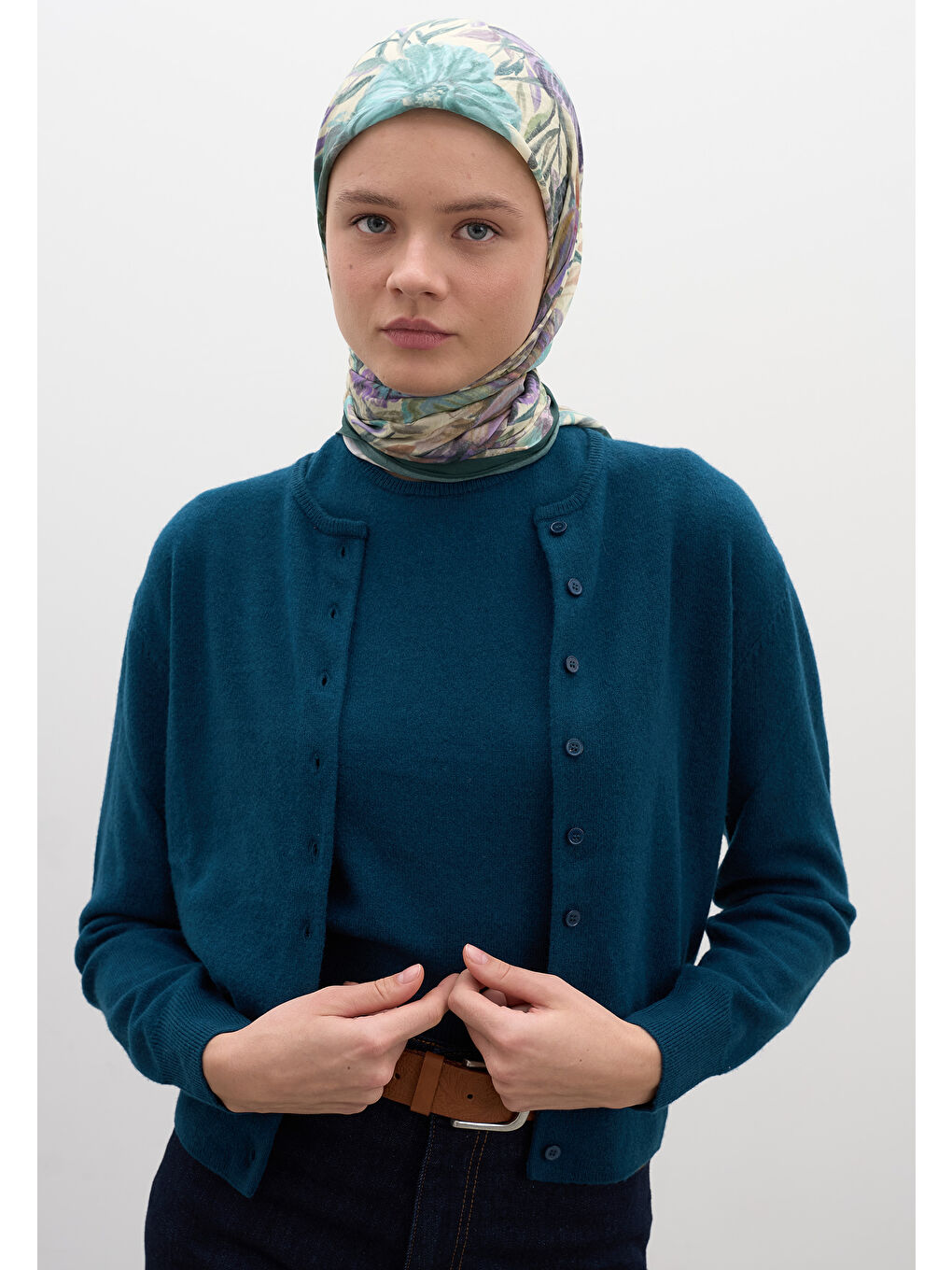 Vıntage Garden Desen Pamuklu Viskon Eşarp Petrol-3