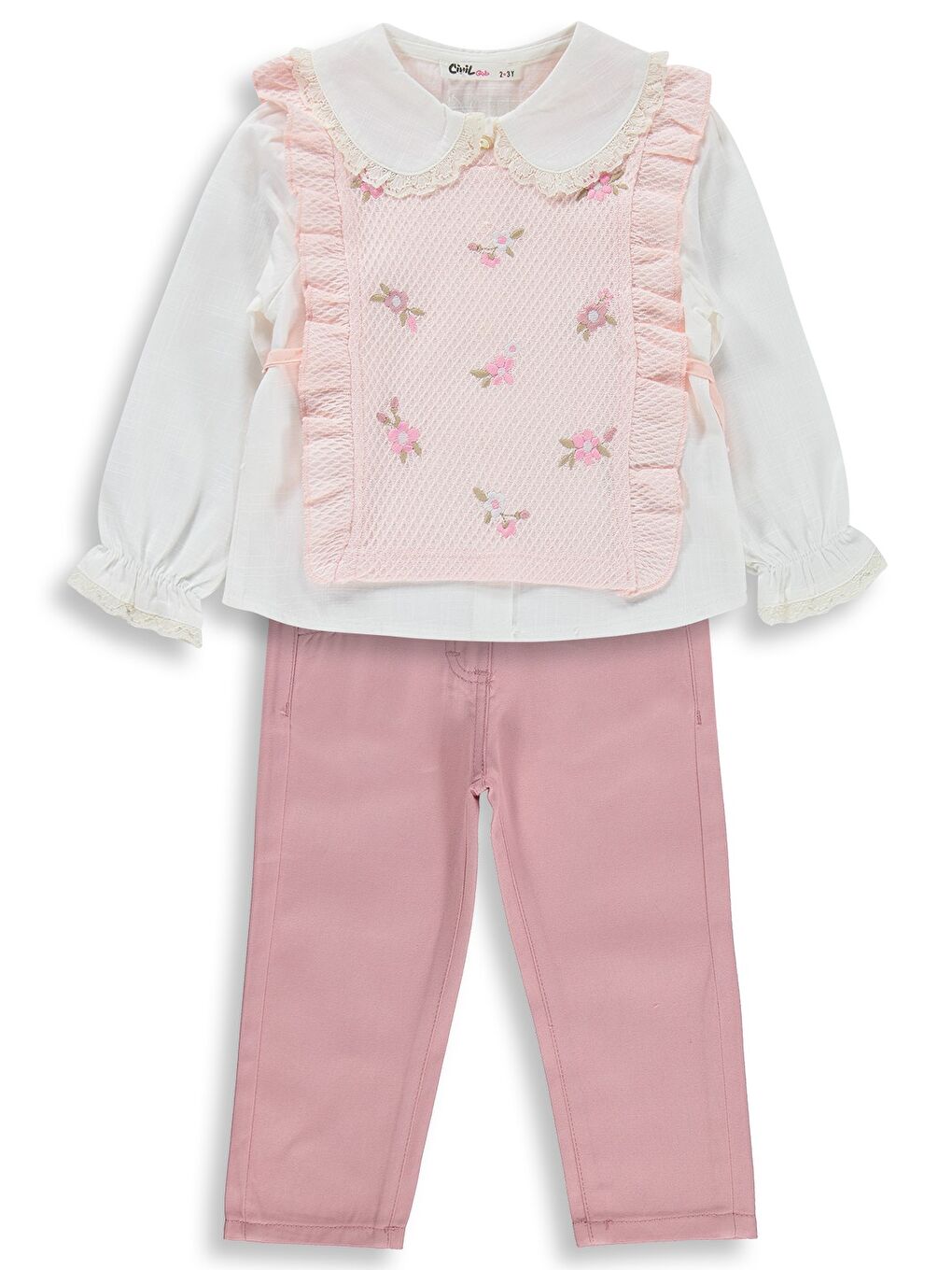 Girls Renkli Çiçek Nakışlı 2-5 Yaş Takım - Pembe