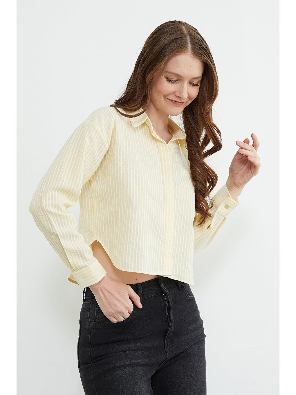 Sarı Çizgili Jakarlı Crop Gömlek-1