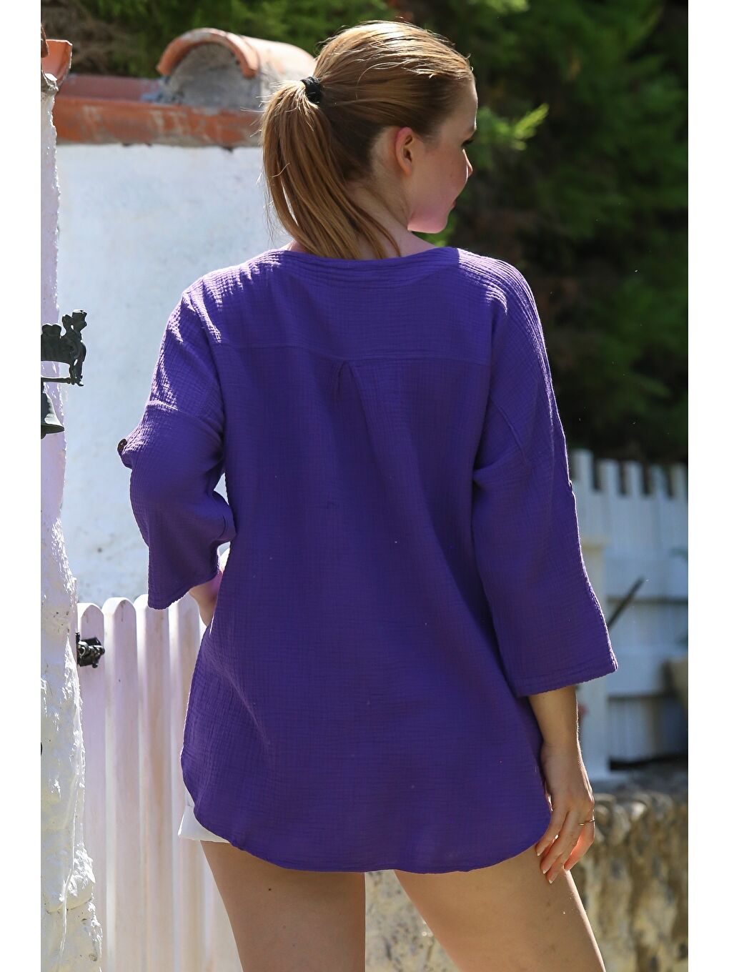 Organik Pamuk Mor Havuz Yaka Düğmeli 3/4 Kol Casual Müslin Dokuma Bluz 70 65-1