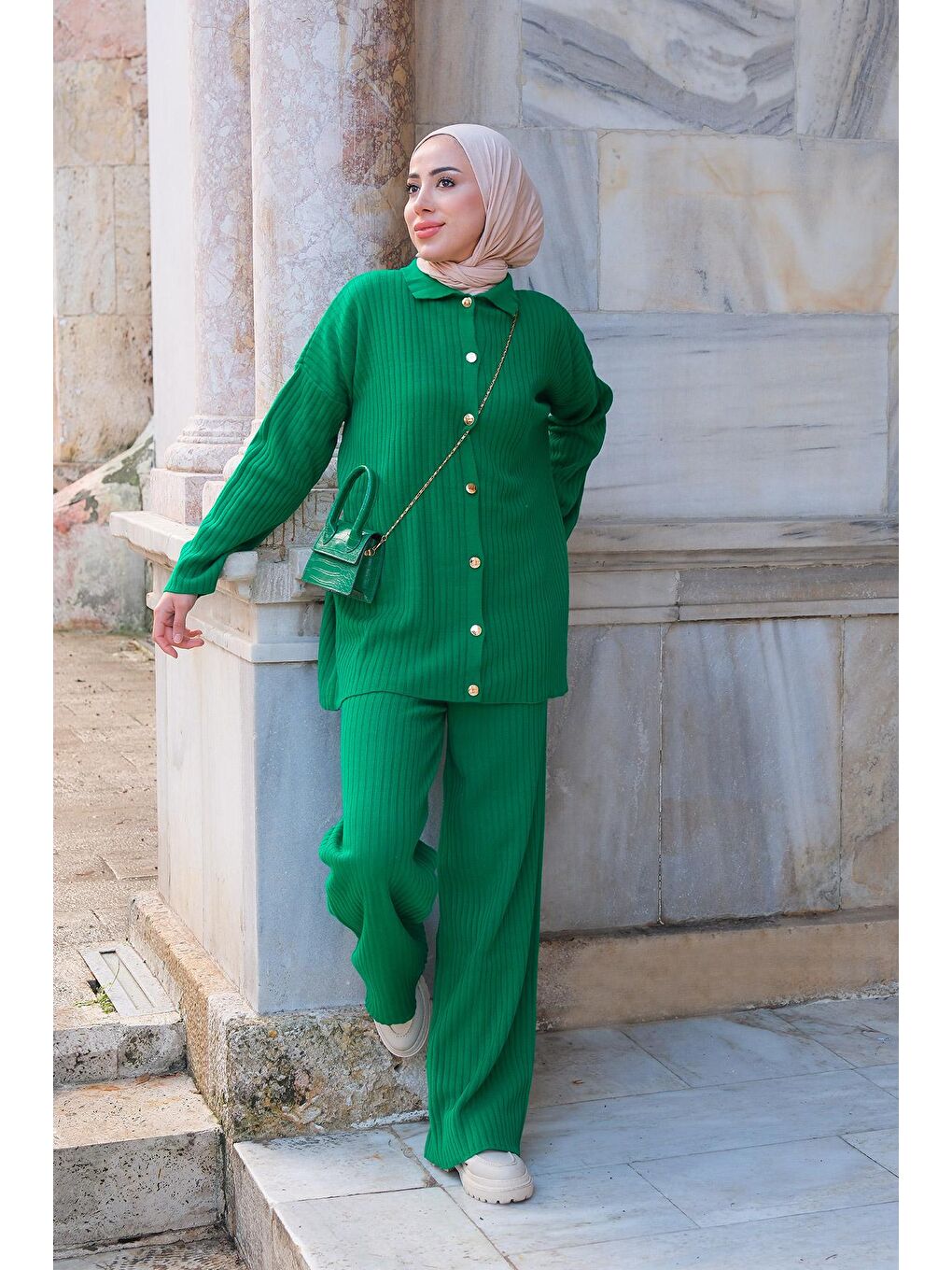 Gold Düğmeli Fitilli İkili Takım Yeşil-2