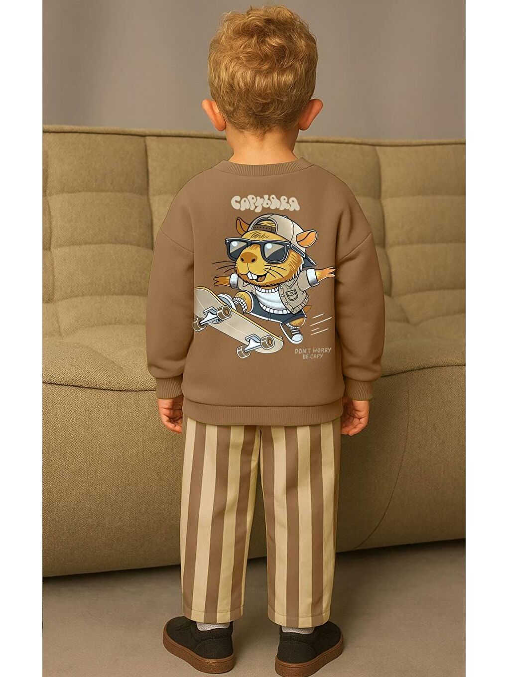 Kahverengi Erkek Çocuk Baskılı 3 İplik Kumaş Jogger Pantolonlu Altüst Takım-1