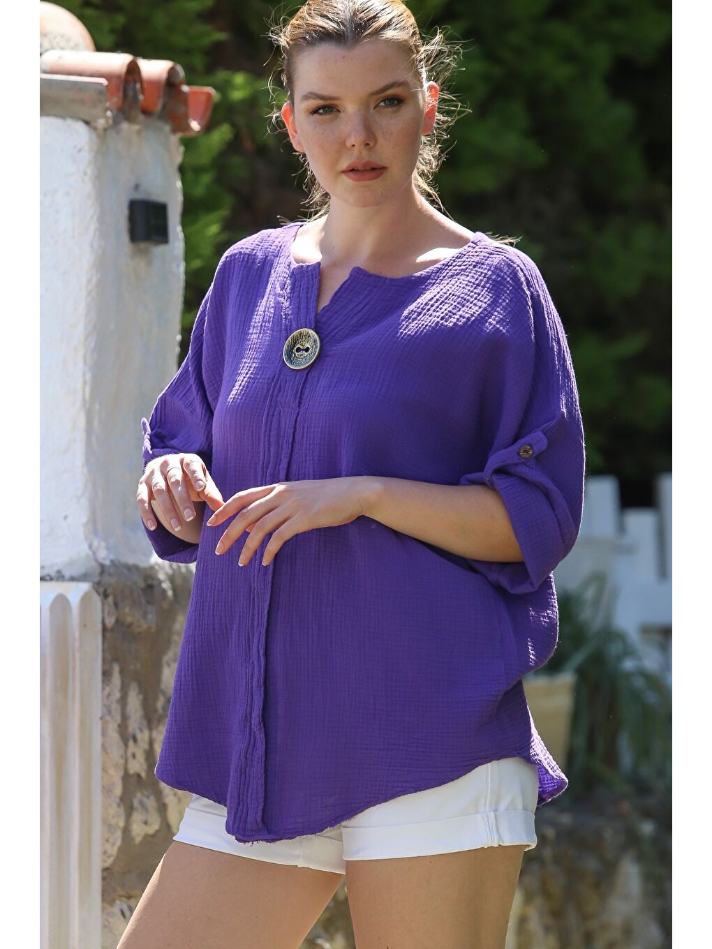 Organik Pamuk Mor Havuz Yaka Düğmeli 3/4 Kol Casual Müslin Dokuma Bluz 70 65-5