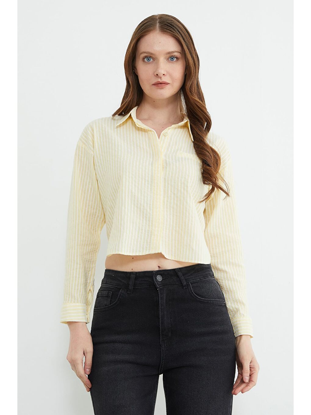 Sarı Çizgili Jakarlı Crop Gömlek-2