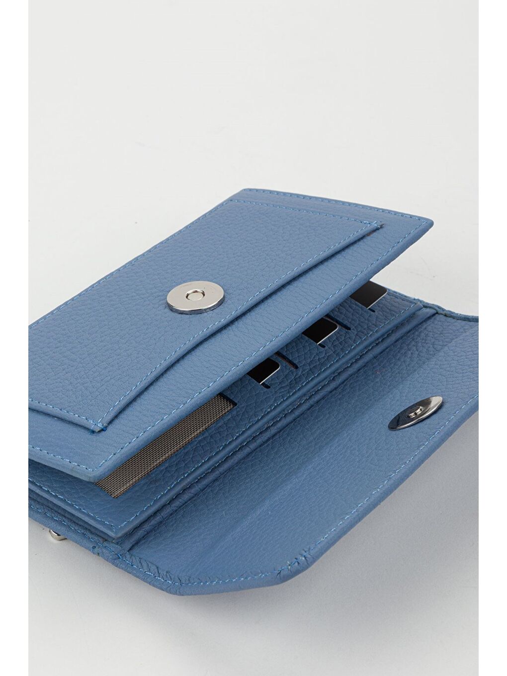 Kutulu Hakiki Deri Mavi Orta Boy Çok Gözlü Kadın El Portföyü Kartlık Cüzdan-4