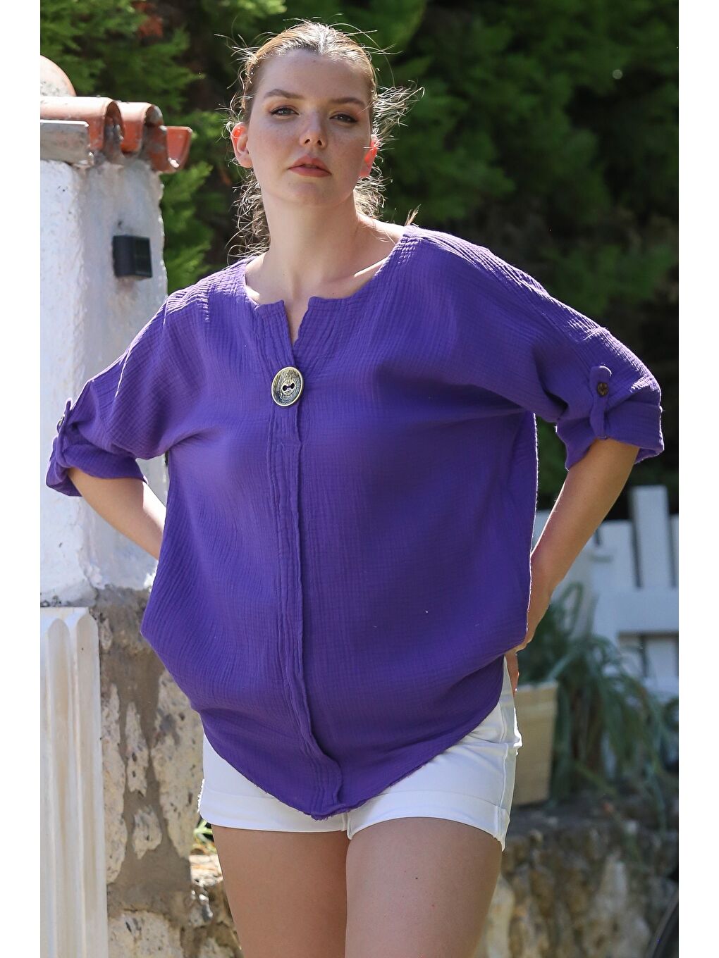 Organik Pamuk Mor Havuz Yaka Düğmeli 3/4 Kol Casual Müslin Dokuma Bluz 70 65-6
