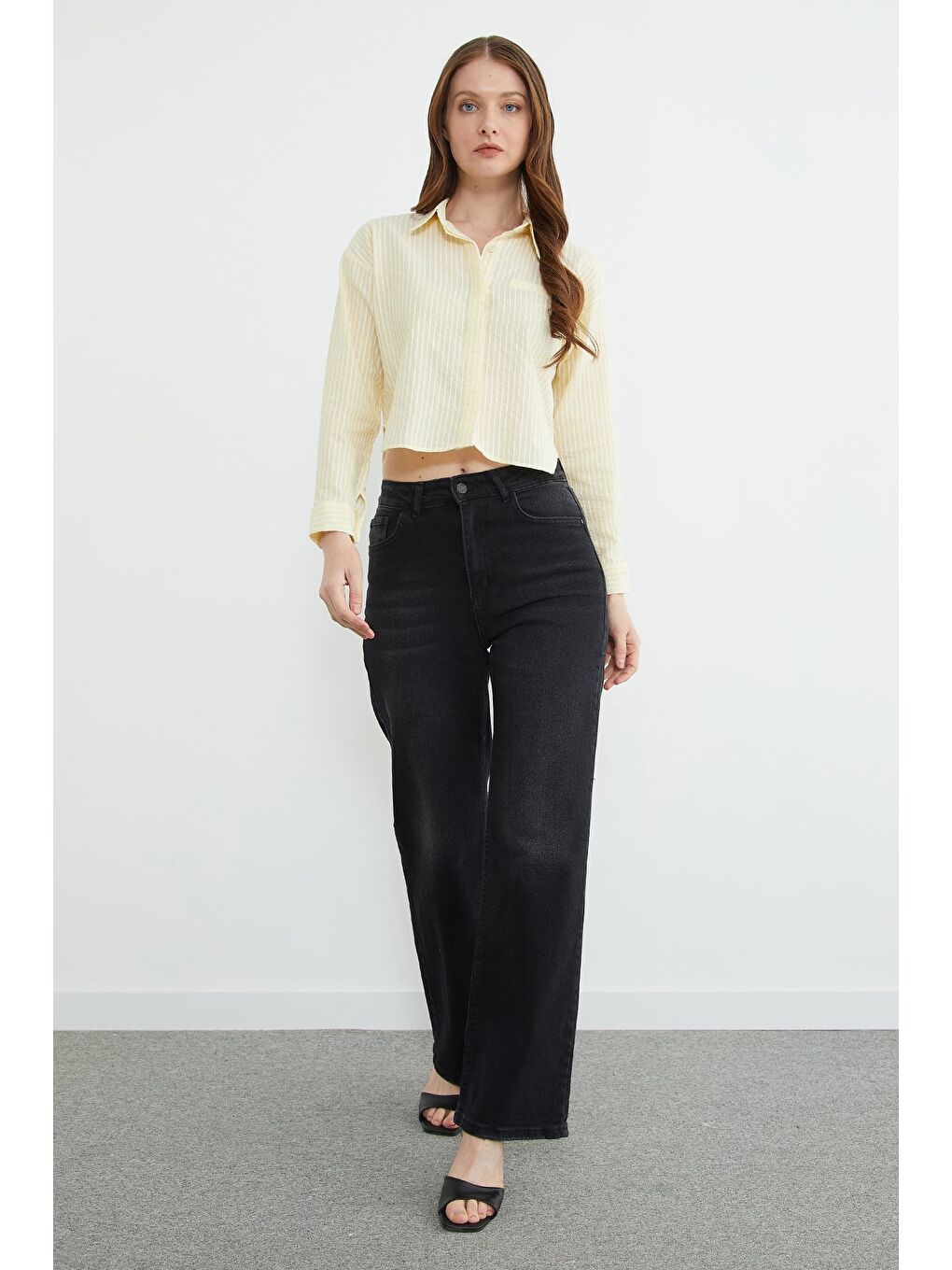 Sarı Çizgili Jakarlı Crop Gömlek-3