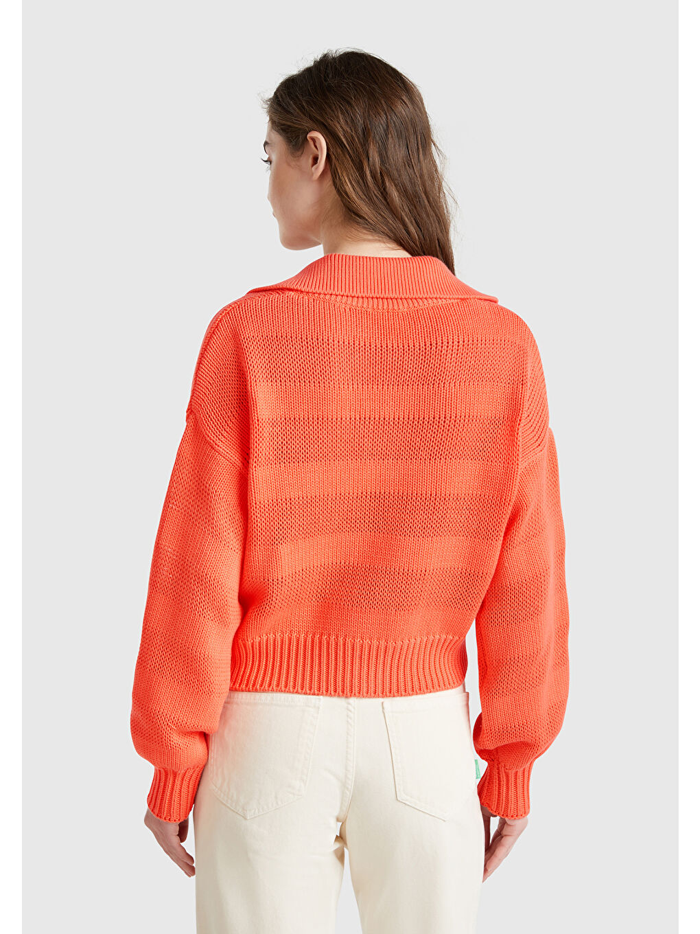 Kadın Turuncu %100 Pamuk Şerit Efektli Relax Fit Polo Yaka Kazak-2