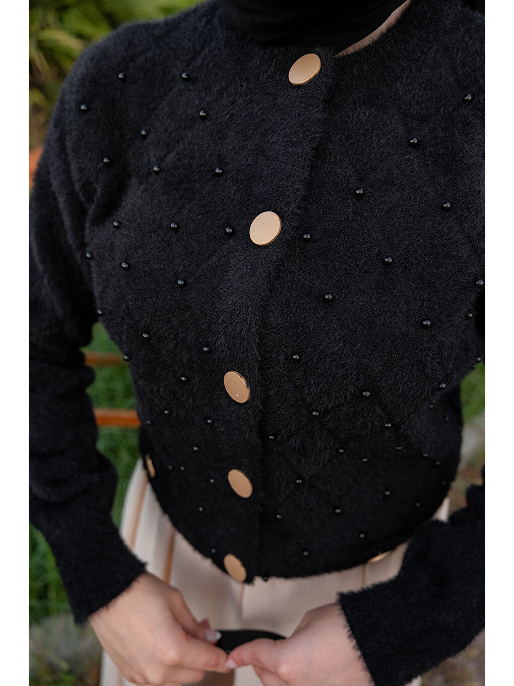 Kadın İnci Detay Triko Ceket Siyah-3