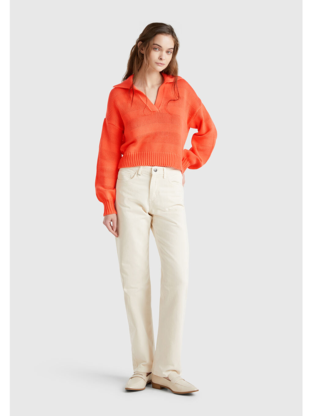 Kadın Turuncu %100 Pamuk Şerit Efektli Relax Fit Polo Yaka Kazak-4