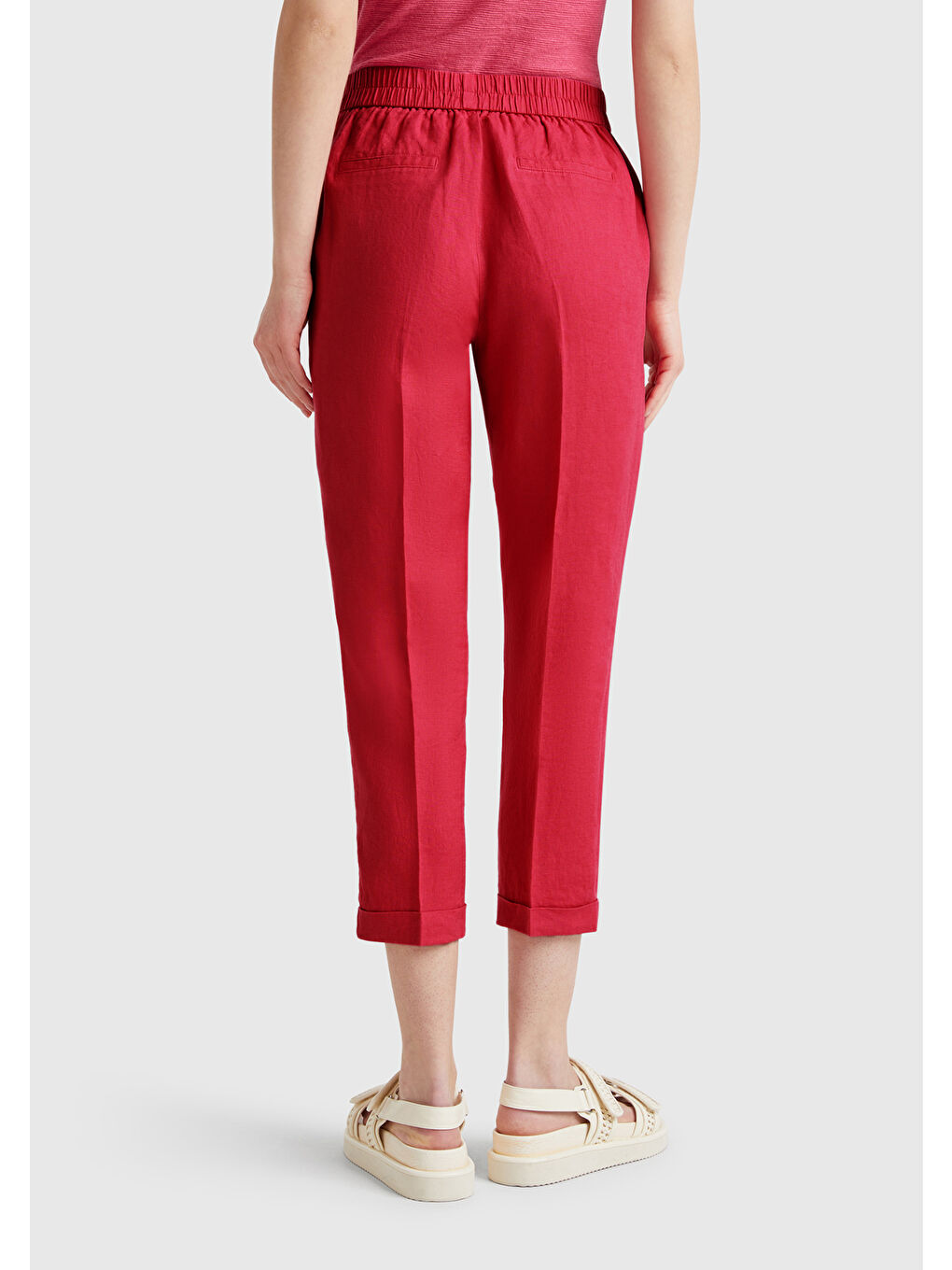 Kadın Fuşya %100 Keten Beli Lastikli Pantolon-1