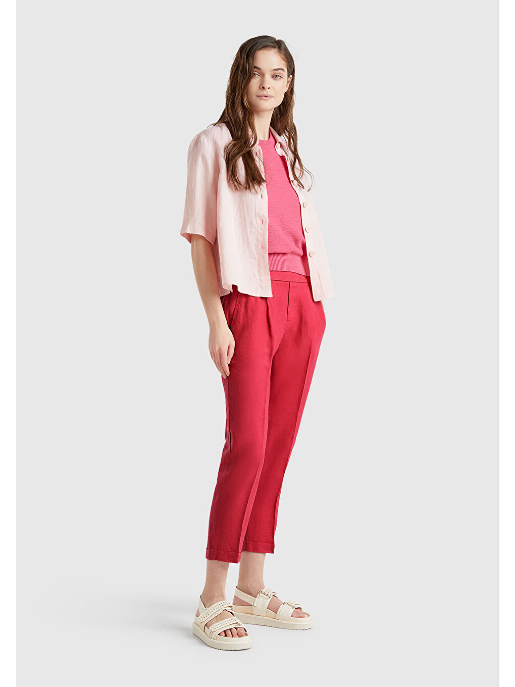 Kadın Fuşya %100 Keten Beli Lastikli Pantolon-2