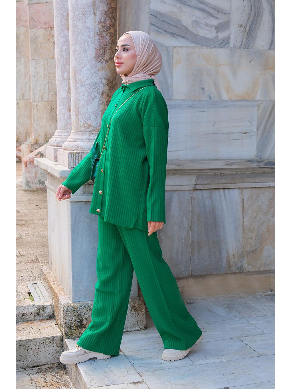 Gold Düğmeli Fitilli İkili Takım Yeşil-3