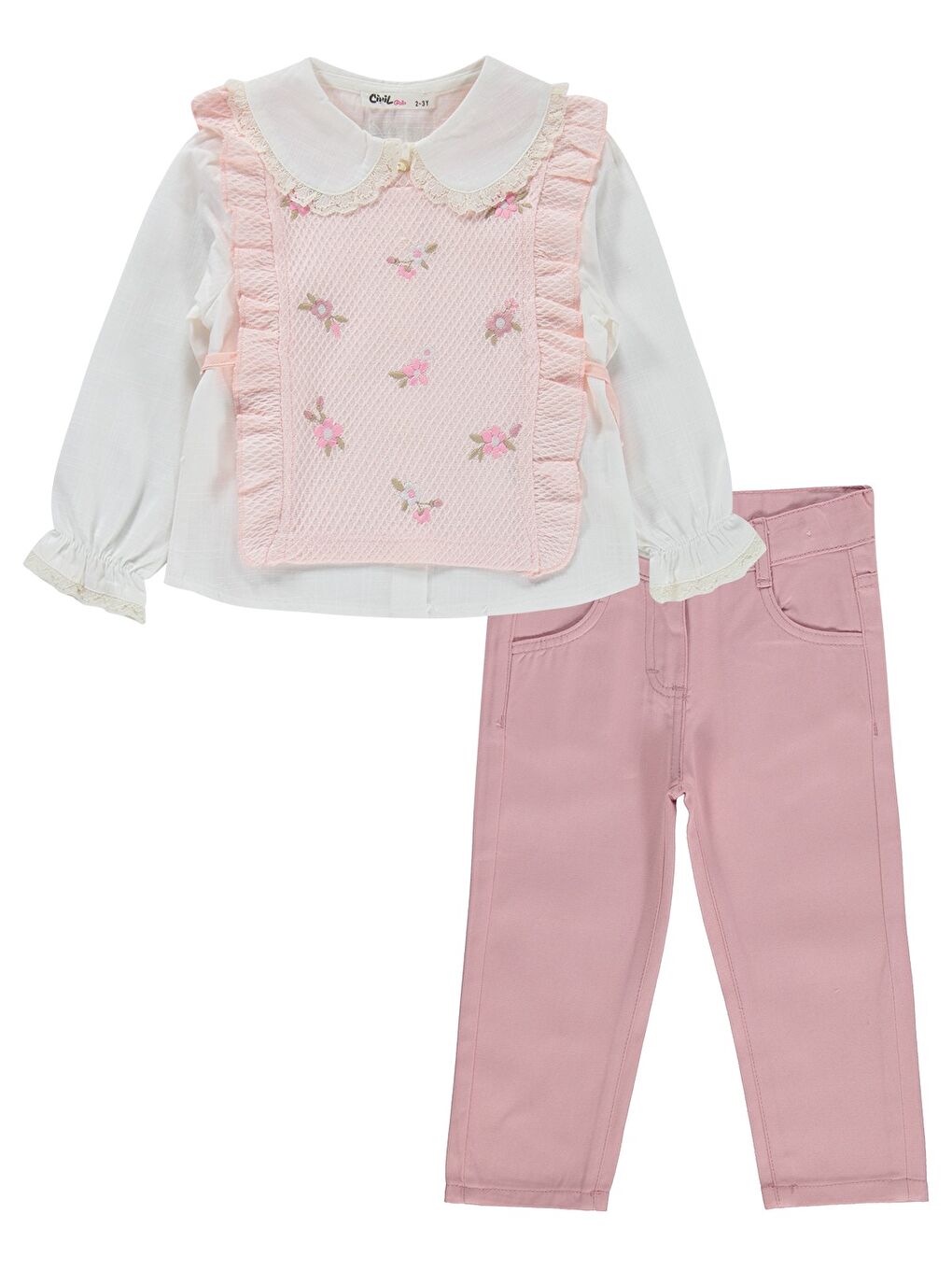 Girls Renkli Çiçek Nakışlı 2-5 Yaş Takım - Pembe-4