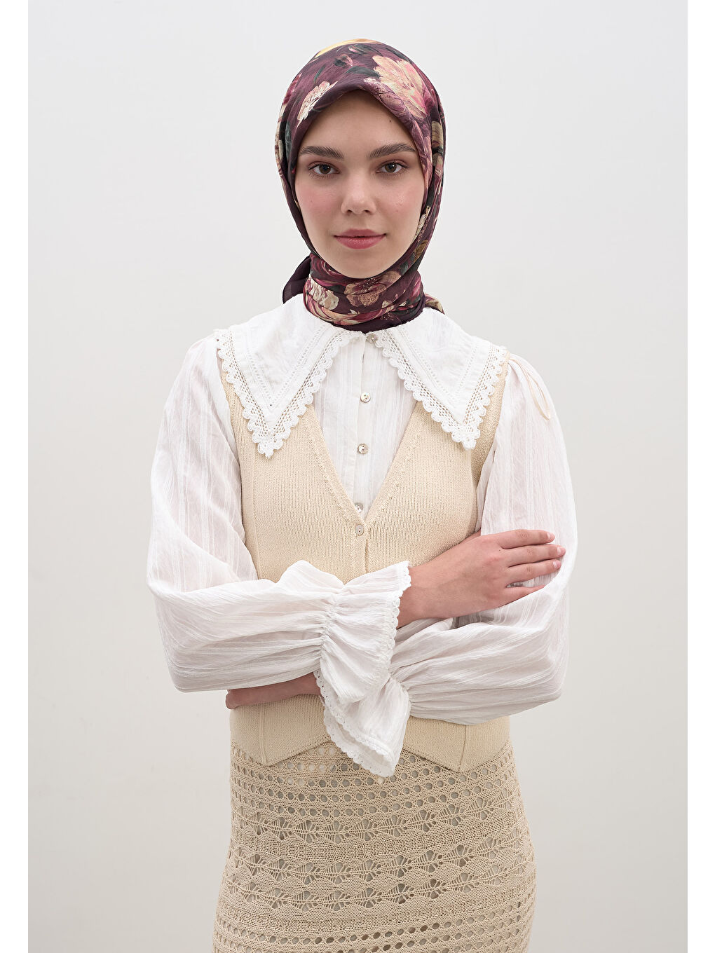 Rosıne Desen Pamuklu Viskon Eşarp Mürdüm-1