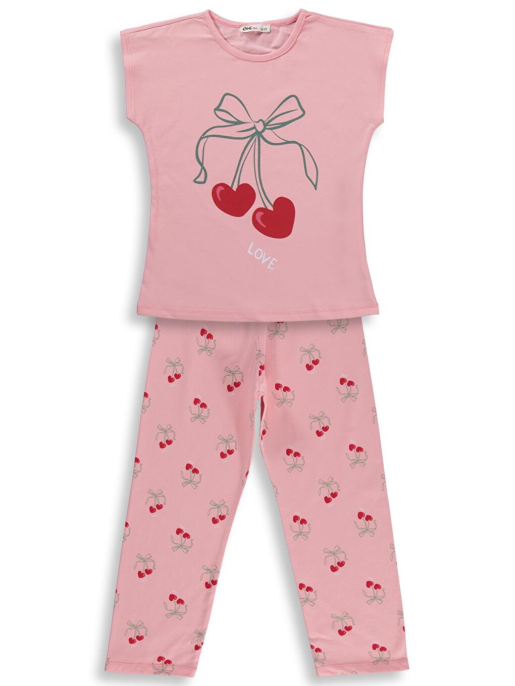 Pembe Girls Kiraz Desenli 6-9 Yaş Pijama Takımı - Pudra