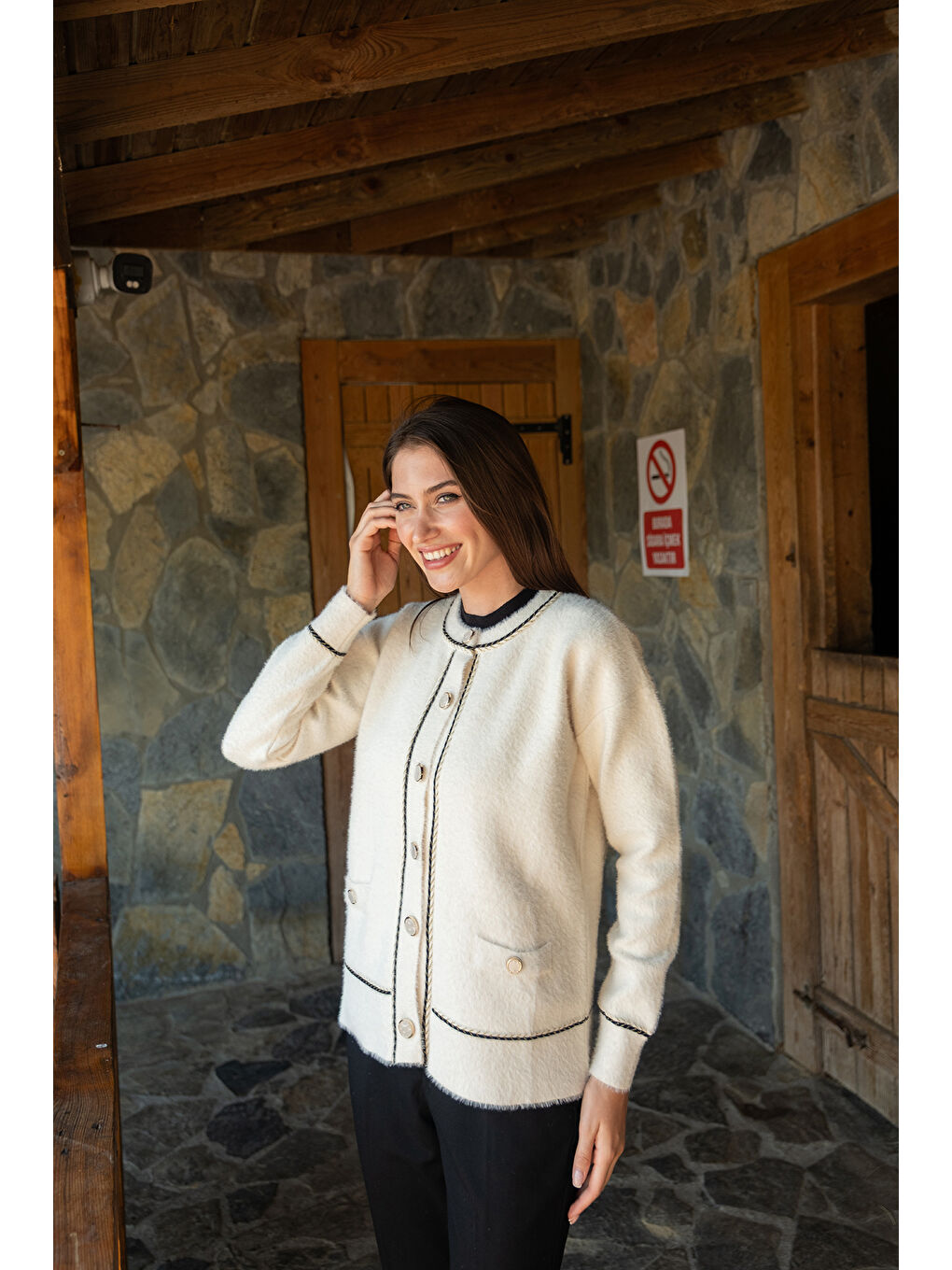 Kadın Bisiklet Yaka Triko Ceket Bej-1