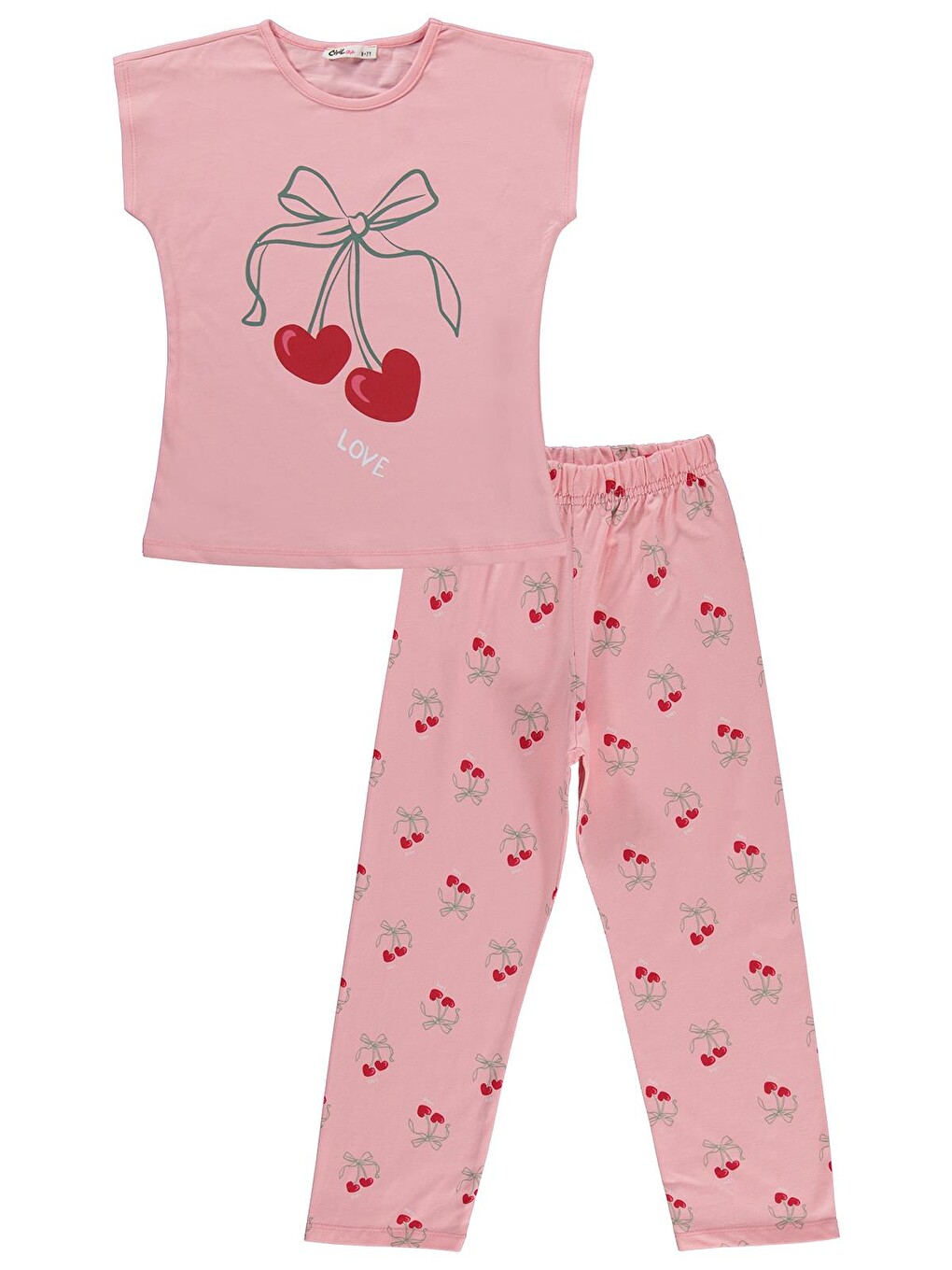 Pembe Girls Kiraz Desenli 6-9 Yaş Pijama Takımı - Pudra-3