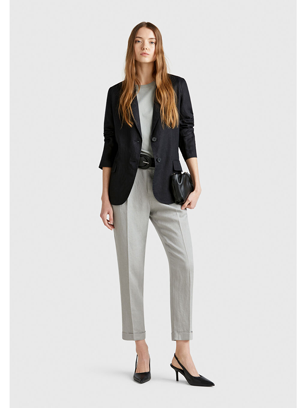 Kadın Gri %100 Keten Beli Lastikli Pantolon-2