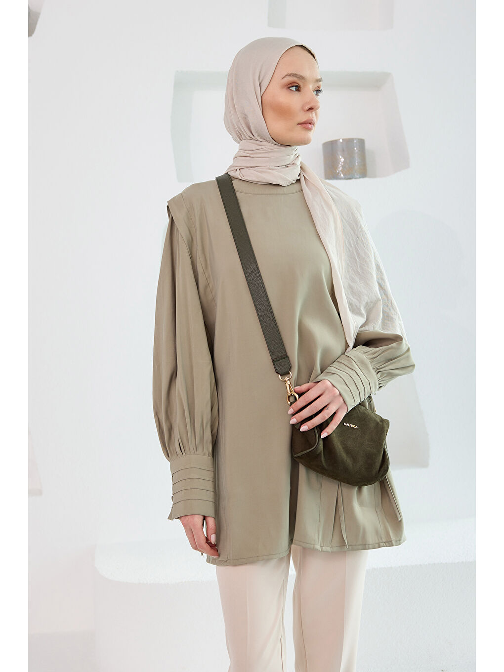 Locco Moda Kadın Nevrur Detay Cupra Lyocell Tunik Küf Yeşil