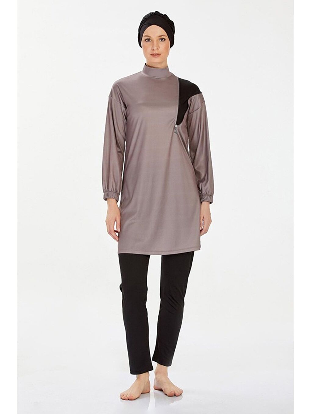 Bej Fermuar Detaylı 4 Lü Tesettür Mayo-1