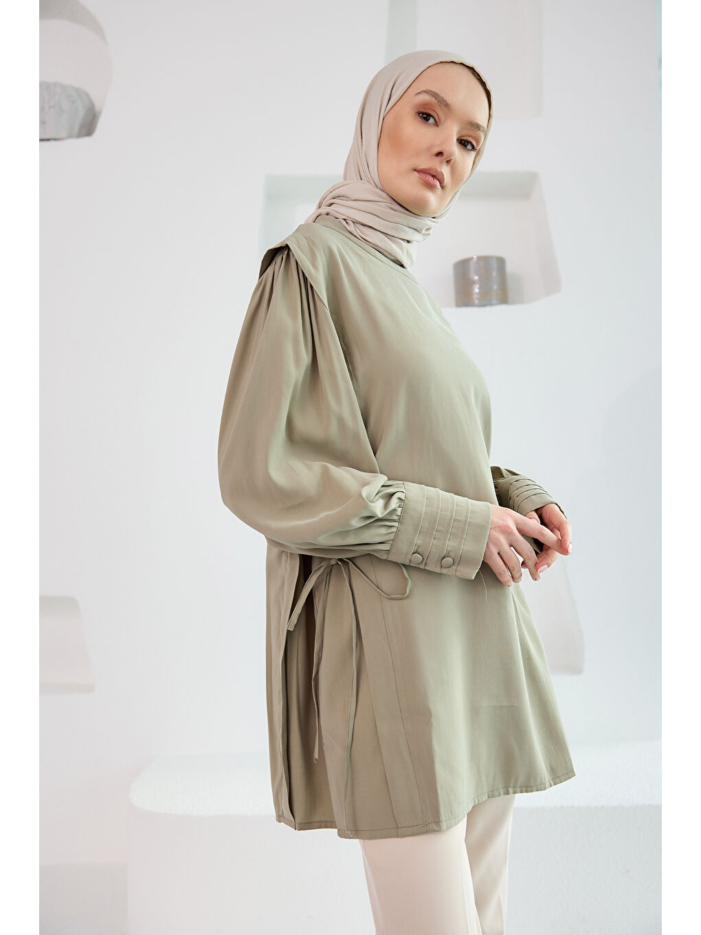 Locco Moda Kadın Nevrur Detay Cupra Lyocell Tunik Küf Yeşil - 1