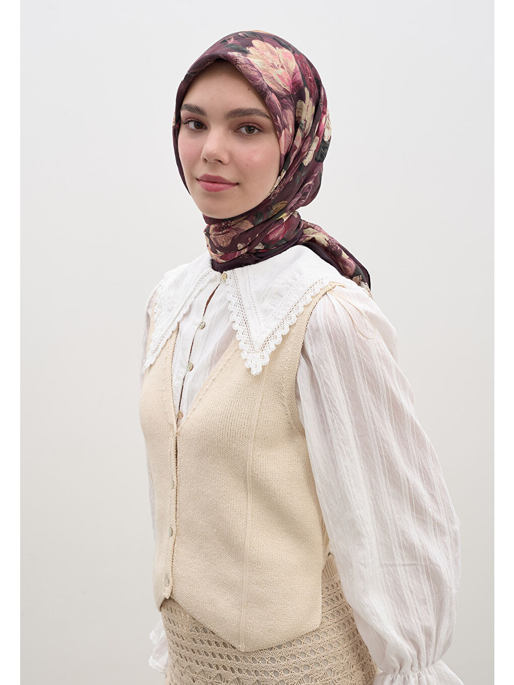 Rosıne Desen Pamuklu Viskon Eşarp Mürdüm-3