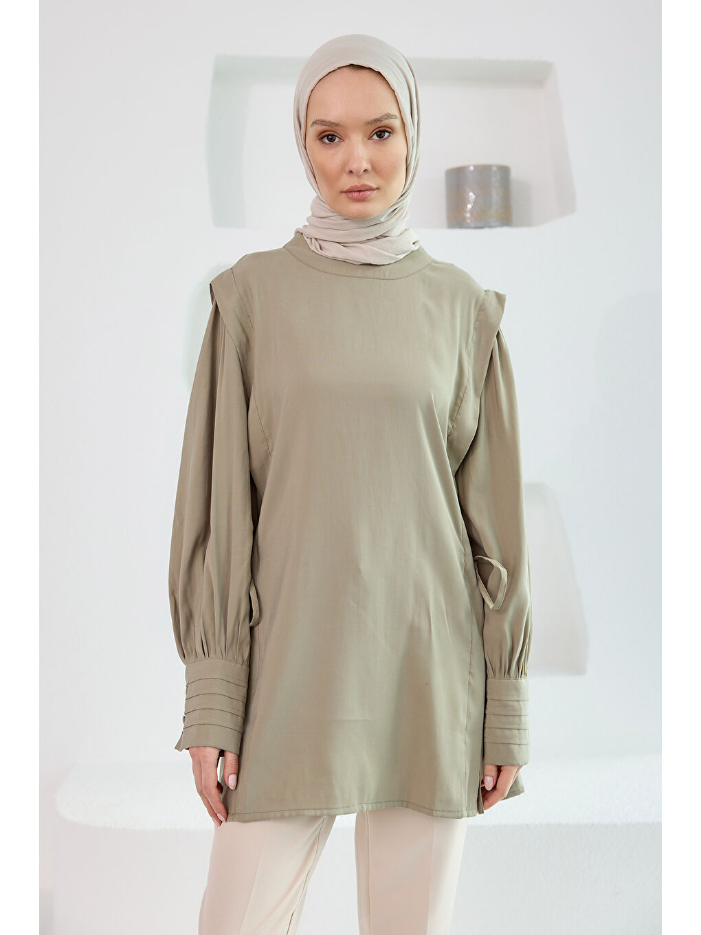 Locco Moda Kadın Nevrur Detay Cupra Lyocell Tunik Küf Yeşil - 2