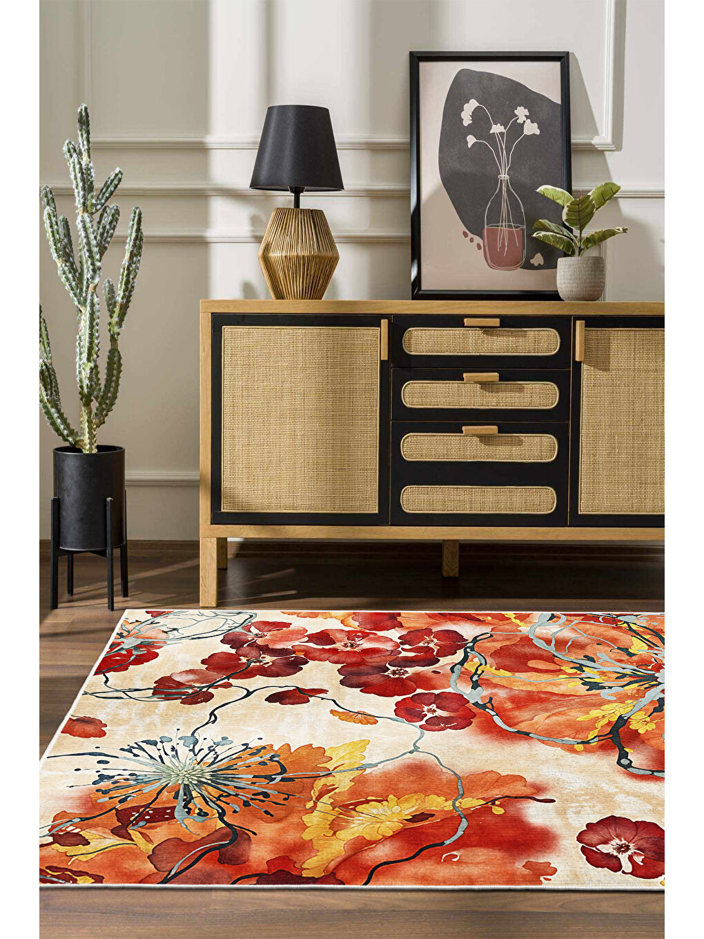 Turuncu Dekoratif Özel Tasarım Yıkanabilir İnce Kaymaz Tabanlı Modern Halı KECE FR30-1