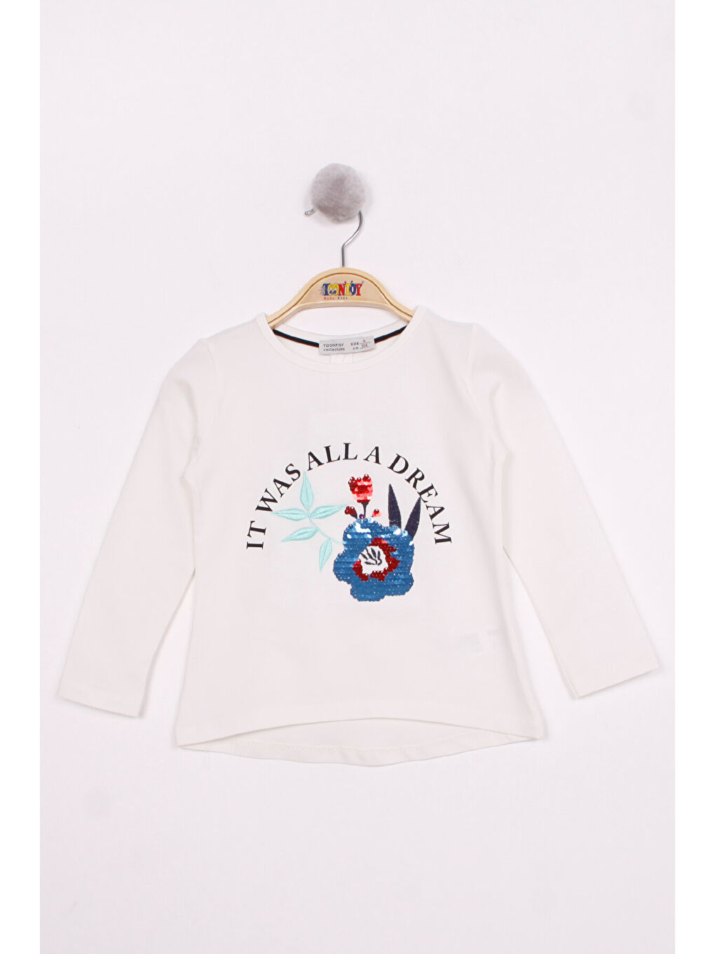 Ekru Kız Çocuk Pullu Güllü Nakışlı T-Shirt