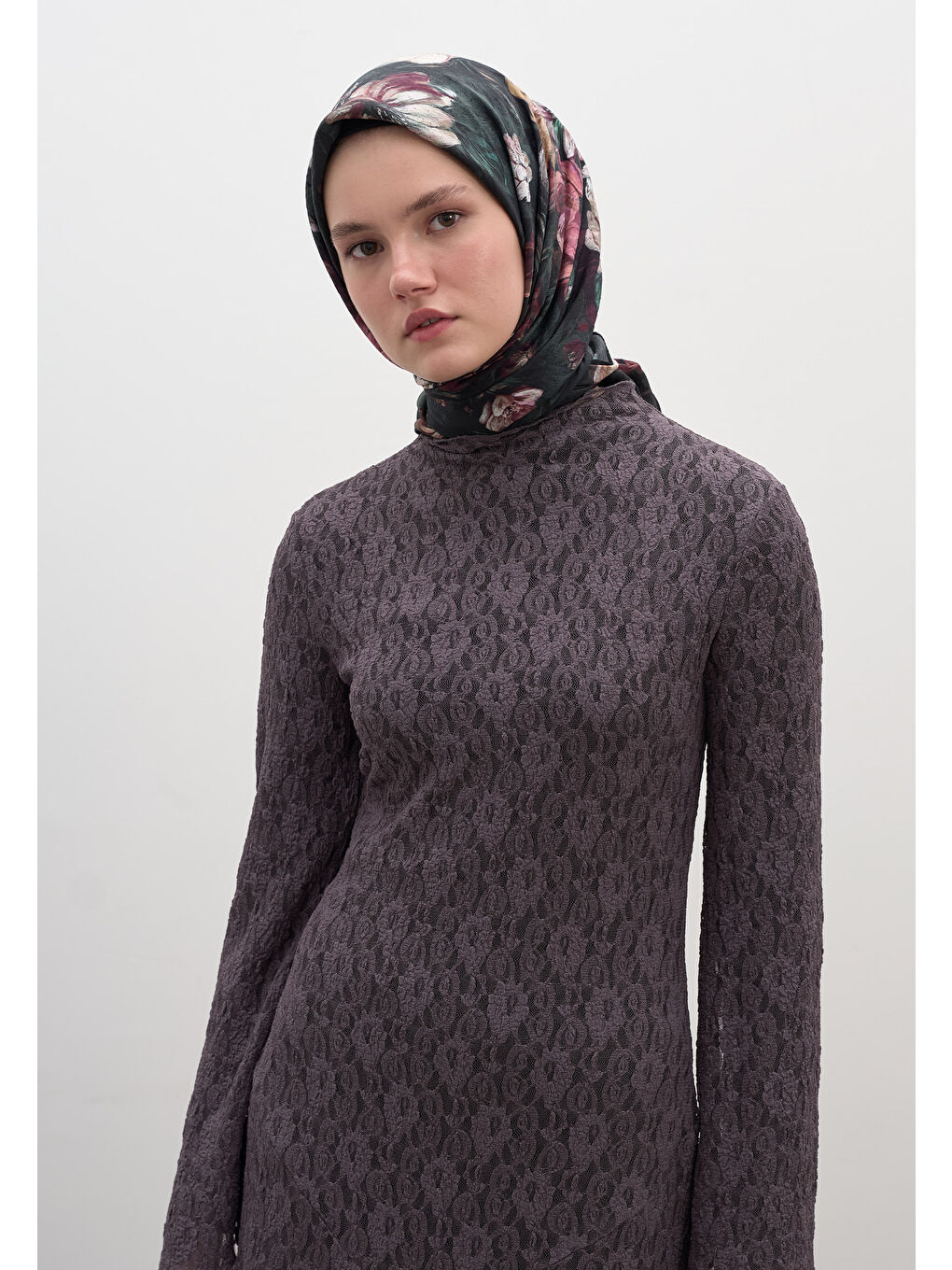 Rosıne Desen Pamuklu Viskon Eşarp Koyu Yeşil-1