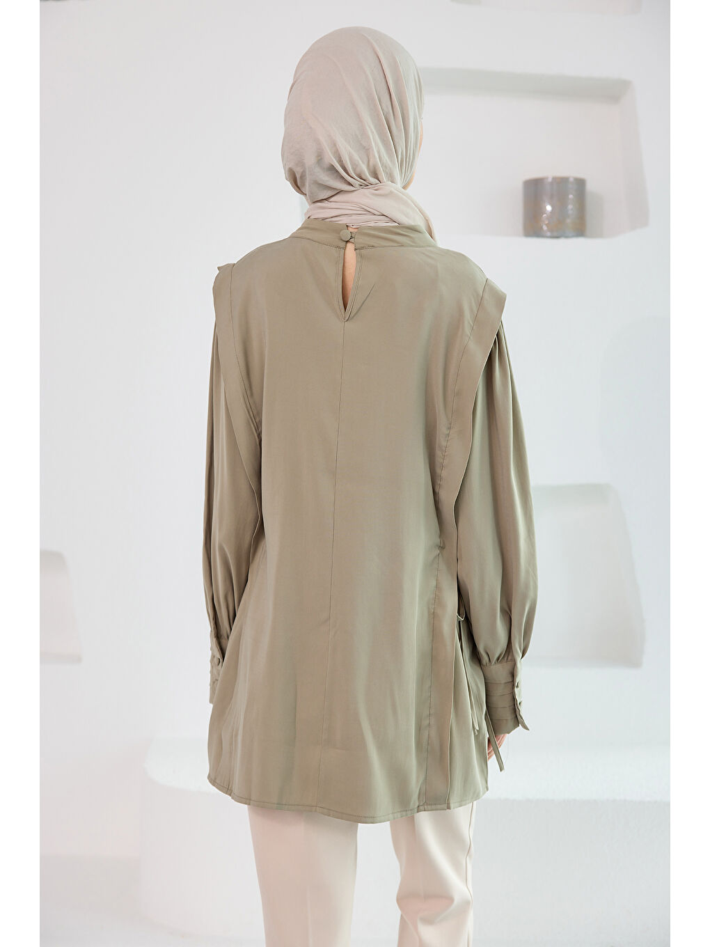 Locco Moda Kadın Nevrur Detay Cupra Lyocell Tunik Küf Yeşil - 4