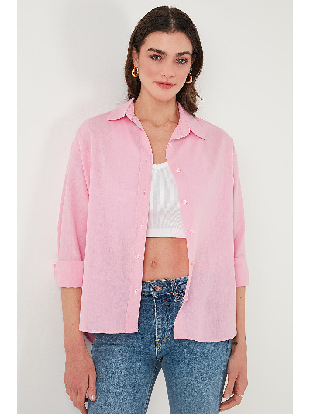 Pembe Keten Ve Pamuk Karışımlı Regular Fit Önü Kısa Arkası Uzun Kadın Gömlek 6772853-1