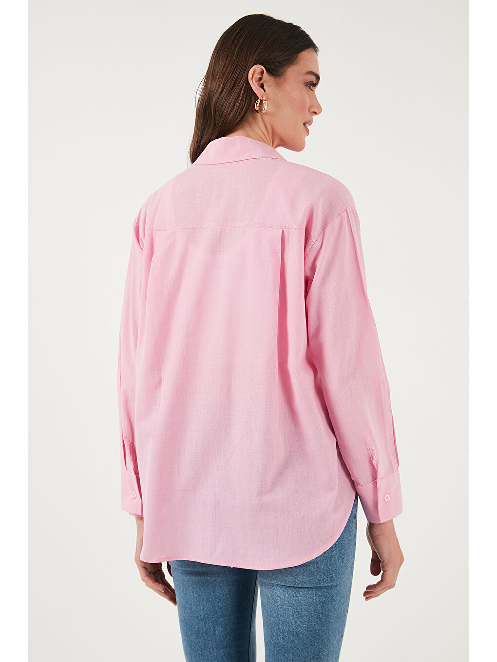Pembe Keten Ve Pamuk Karışımlı Regular Fit Önü Kısa Arkası Uzun Kadın Gömlek 6772853-6