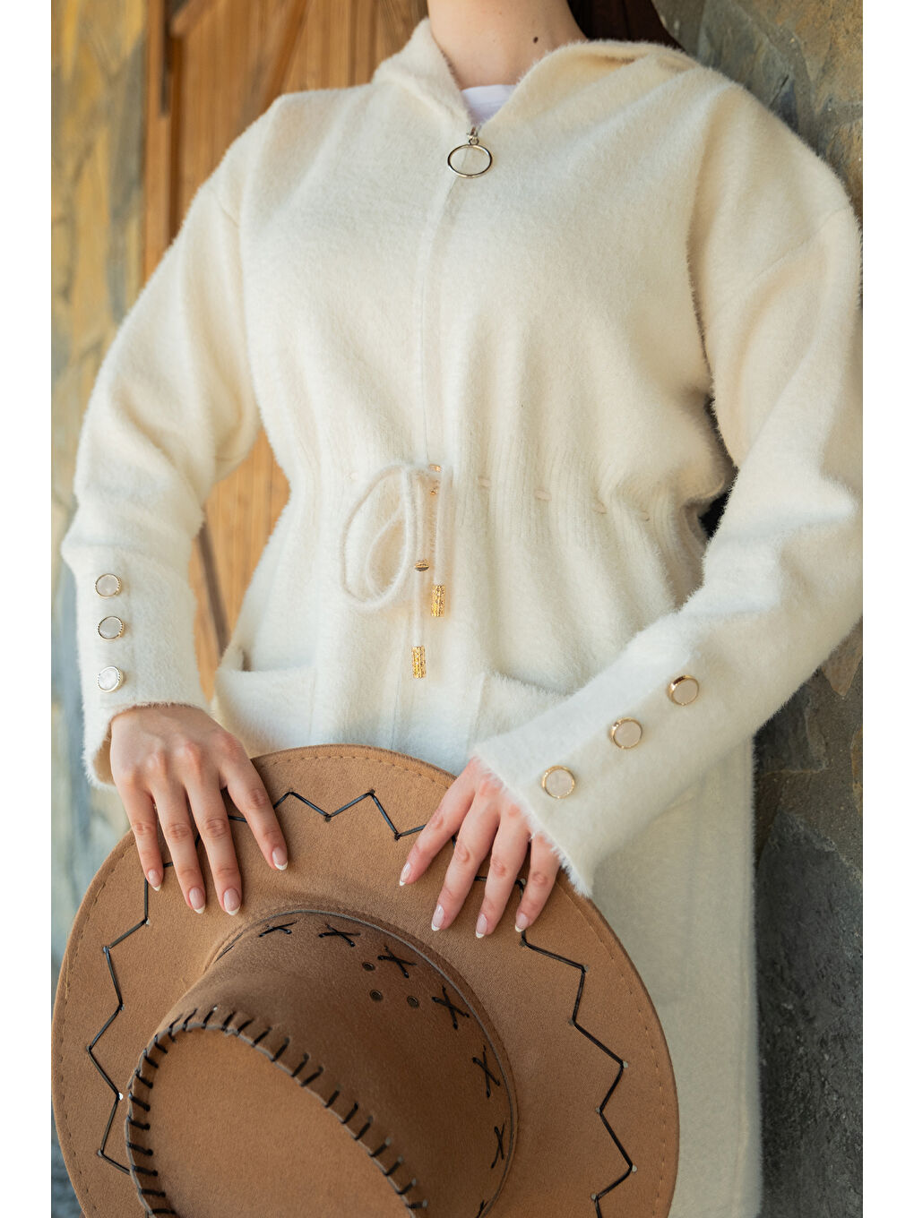 Kadın Kapüşonlu Triko Ceket Bej-4