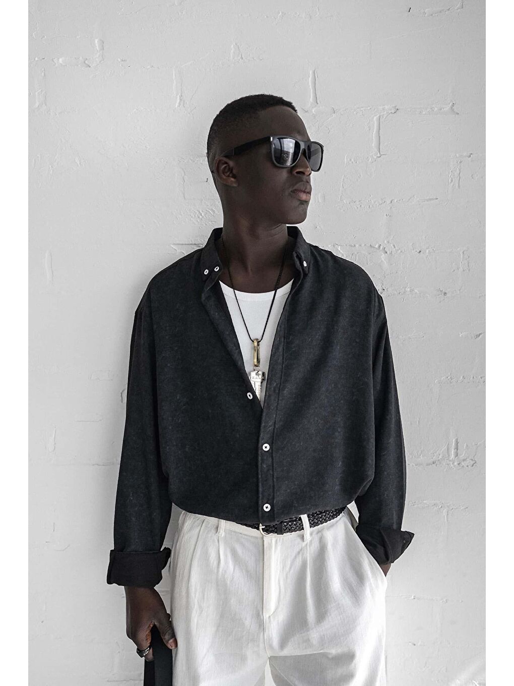 Erkek Uzun Kollu Desenli Oversize Gömlek Siyah-1