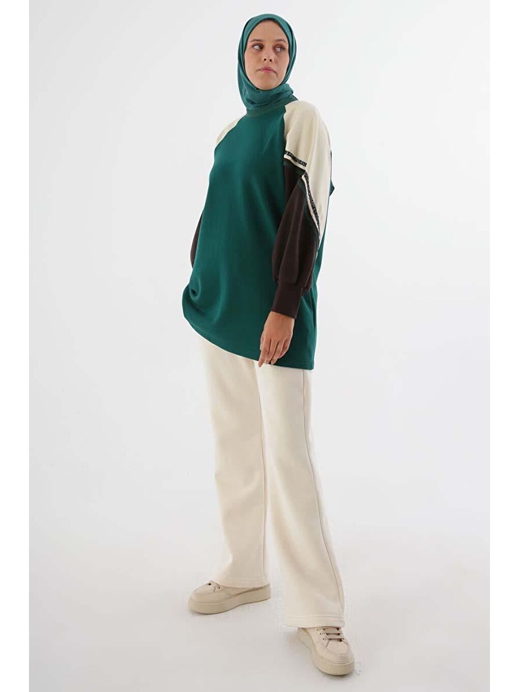 Yeşil Zümrüt-Şardonlu Deri Garnili Şeritli Sweatshirt