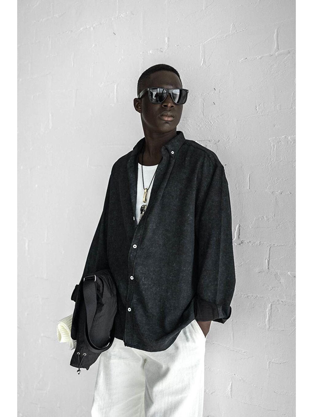 Erkek Uzun Kollu Desenli Oversize Gömlek Siyah-2