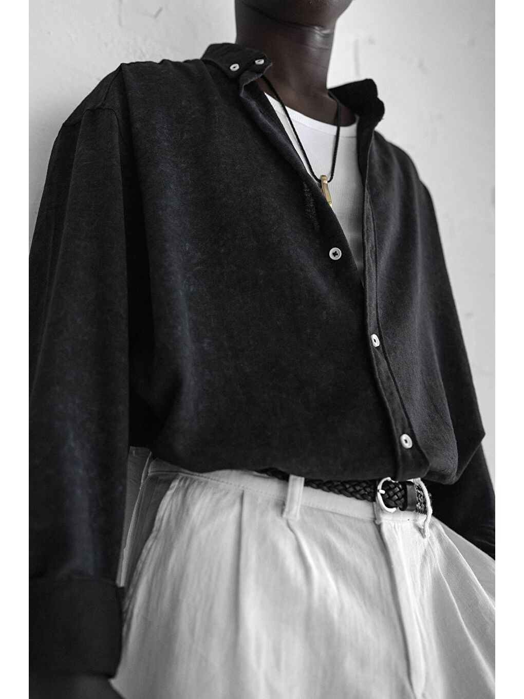 Erkek Uzun Kollu Desenli Oversize Gömlek Siyah