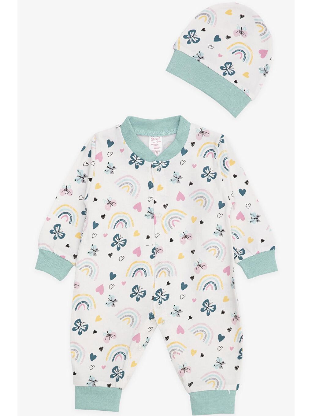 Kız Bebek Tulum Bahar Temalı Kelebek Desenli Ekru (0-6 Ay)