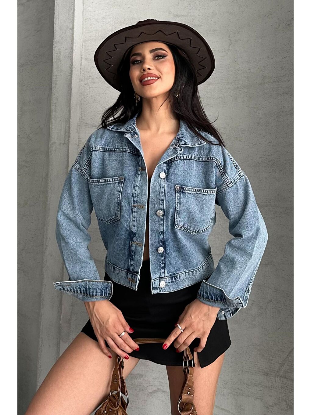 Çift Cepli Demin Crop Ceket Mavi - 27271