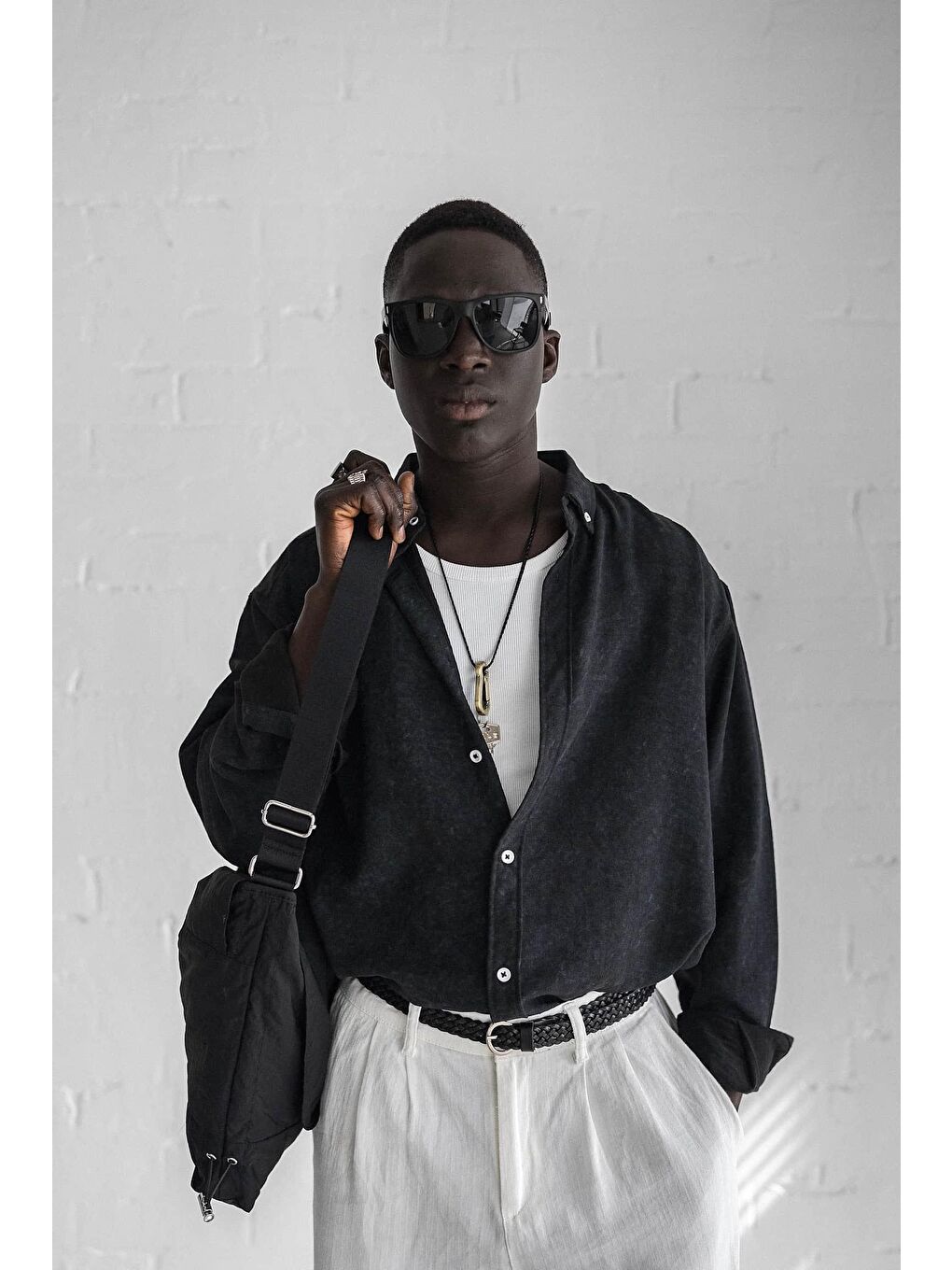 Erkek Uzun Kollu Desenli Oversize Gömlek Siyah-3