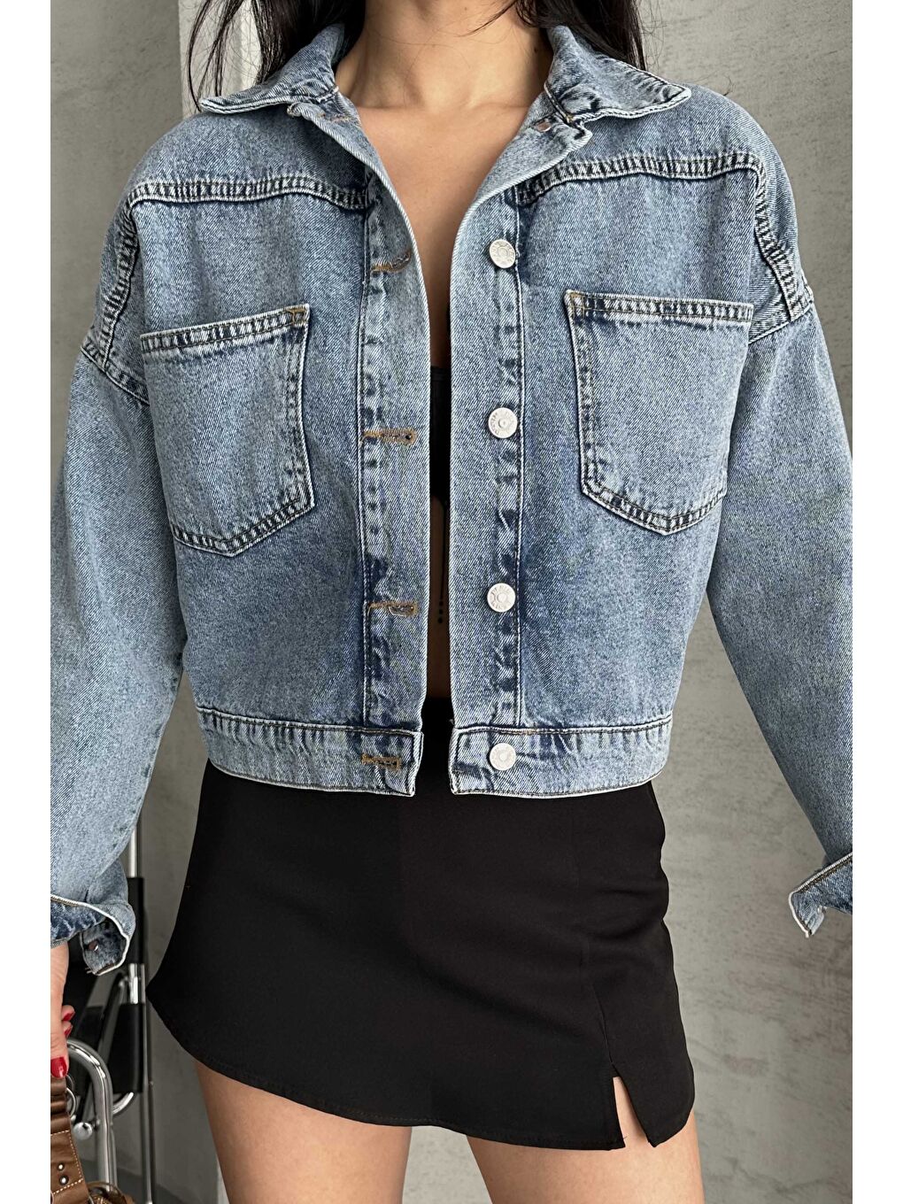 Çift Cepli Demin Crop Ceket Mavi - 27271-1