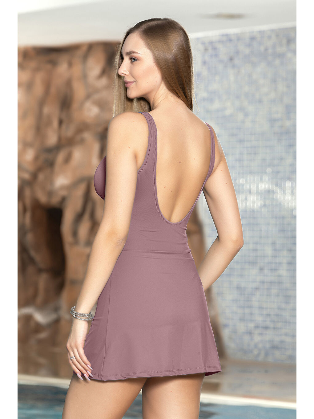 Pembe Şortlu Elbise Mayo Etekli Mayo Yüzücü Mayo 1906-30 Gül Kurusu-1