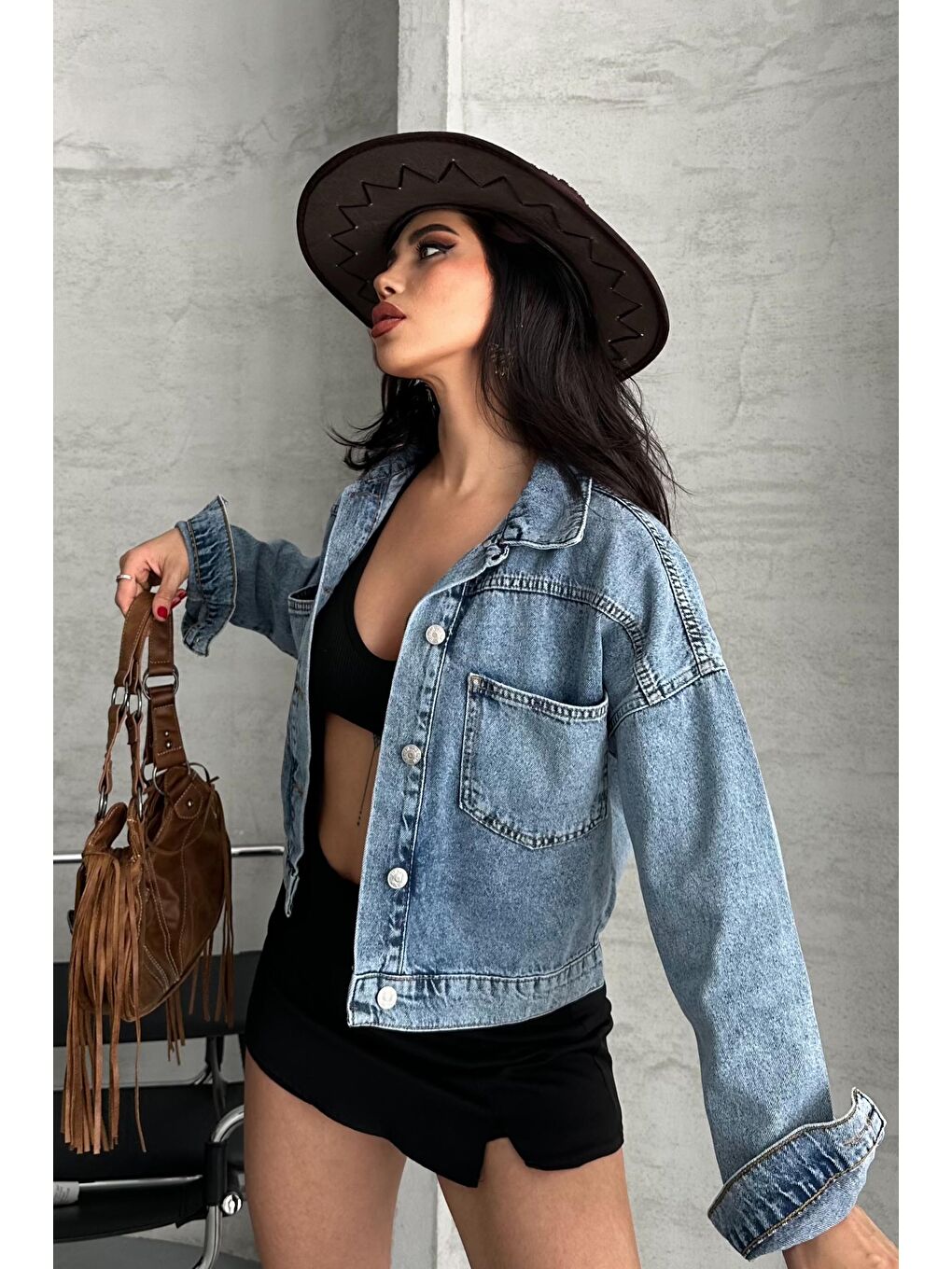 Çift Cepli Demin Crop Ceket Mavi - 27271-2